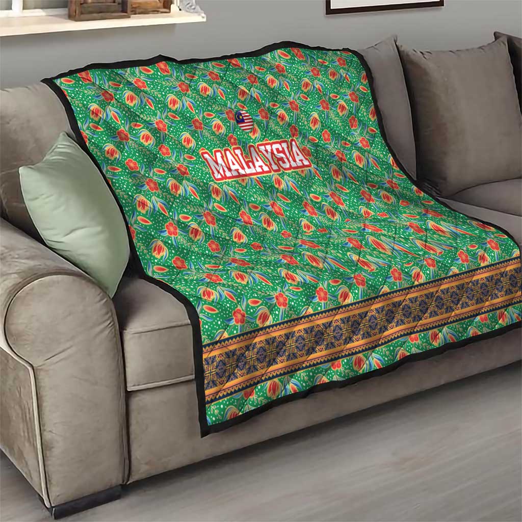 Traditional Malaysian Batik Floral Quilt with Green Tulip and Red Blossom Pattern