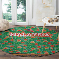 Traditional Malaysian Batik Floral Round Carpet with Green Tulip and Red Blossom Pattern