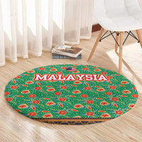 Traditional Malaysian Batik Floral Round Carpet with Green Tulip and Red Blossom Pattern