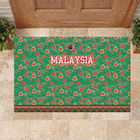 Traditional Malaysian Batik Floral Rubber Doormat with Green Tulip and Red Blossom Pattern