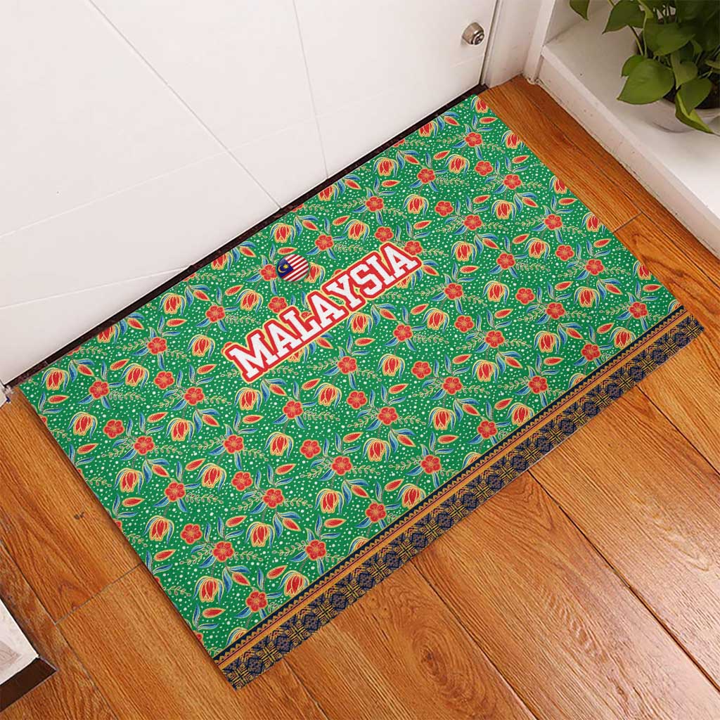 Traditional Malaysian Batik Floral Rubber Doormat with Green Tulip and Red Blossom Pattern