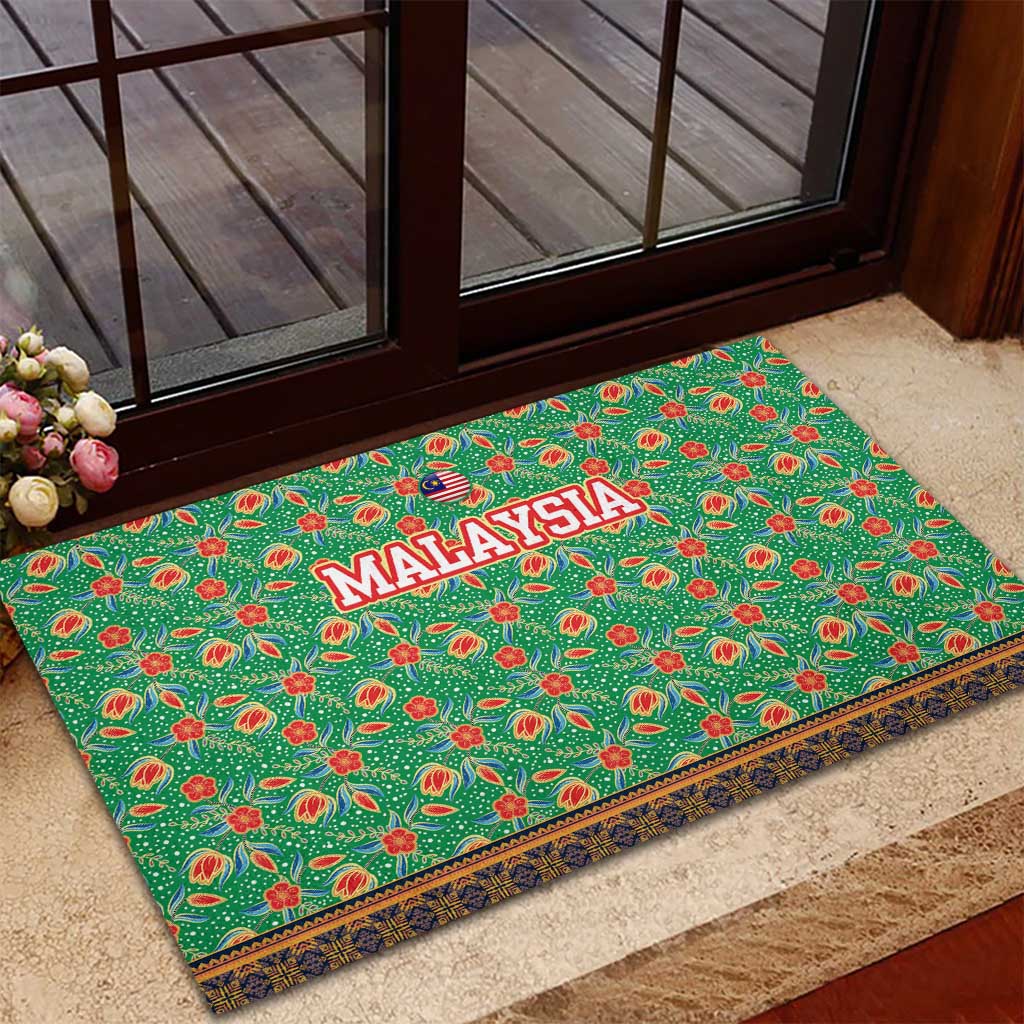 Traditional Malaysian Batik Floral Rubber Doormat with Green Tulip and Red Blossom Pattern