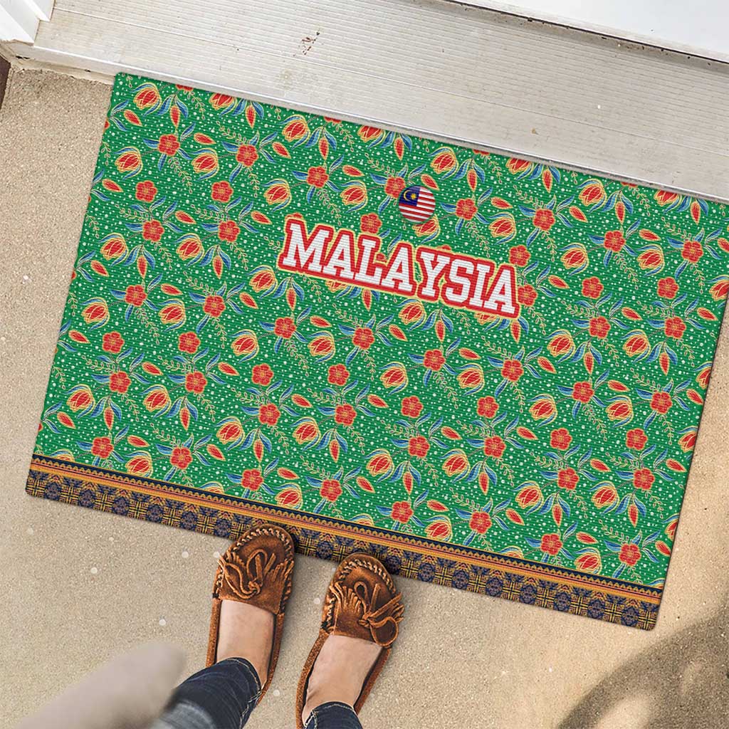 Traditional Malaysian Batik Floral Rubber Doormat with Green Tulip and Red Blossom Pattern