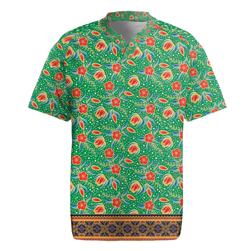 Traditional Malaysian Batik Floral Rugby Jersey with Green Tulip and Red Blossom Pattern