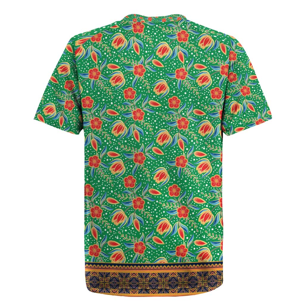 Traditional Malaysian Batik Floral Rugby Jersey with Green Tulip and Red Blossom Pattern