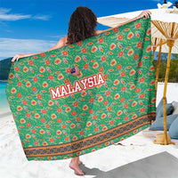 Traditional Malaysian Batik Floral Sarong with Green Tulip and Red Blossom Pattern