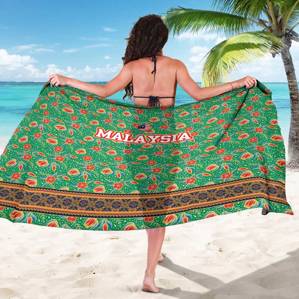 Traditional Malaysian Batik Floral Sarong with Green Tulip and Red Blossom Pattern