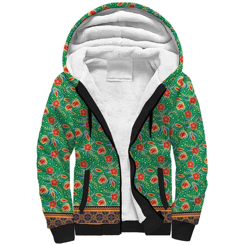Traditional Malaysian Batik Floral Sherpa Hoodie with Green Tulip and Red Blossom Pattern