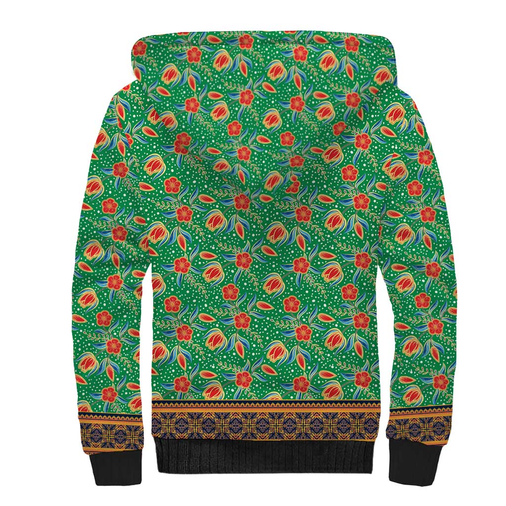 Traditional Malaysian Batik Floral Sherpa Hoodie with Green Tulip and Red Blossom Pattern