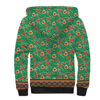 Traditional Malaysian Batik Floral Sherpa Hoodie with Green Tulip and Red Blossom Pattern