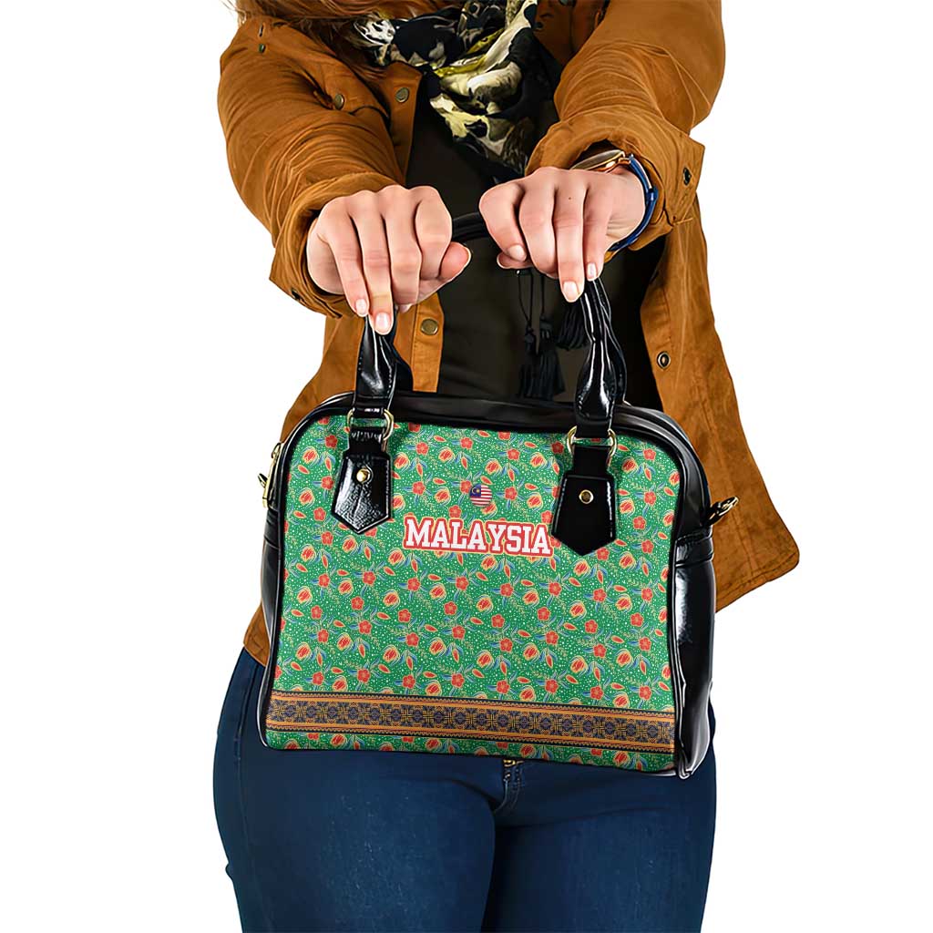 Traditional Malaysian Batik Floral Shoulder Handbag with Green Tulip and Red Blossom Pattern