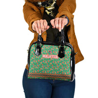 Traditional Malaysian Batik Floral Shoulder Handbag with Green Tulip and Red Blossom Pattern