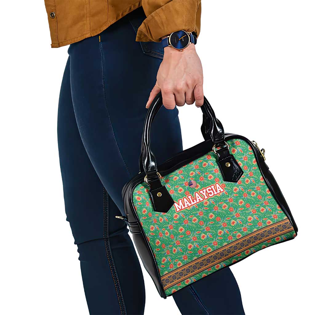 Traditional Malaysian Batik Floral Shoulder Handbag with Green Tulip and Red Blossom Pattern