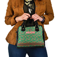 Traditional Malaysian Batik Floral Shoulder Handbag with Green Tulip and Red Blossom Pattern