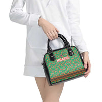 Traditional Malaysian Batik Floral Shoulder Handbag with Green Tulip and Red Blossom Pattern