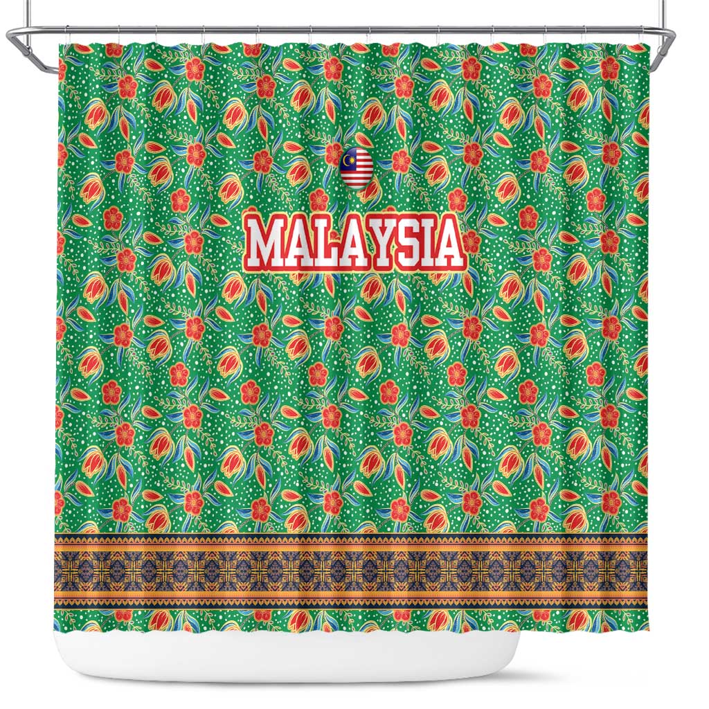 Traditional Malaysian Batik Floral Shower Curtain with Green Tulip and Red Blossom Pattern