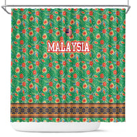 Traditional Malaysian Batik Floral Shower Curtain with Green Tulip and Red Blossom Pattern