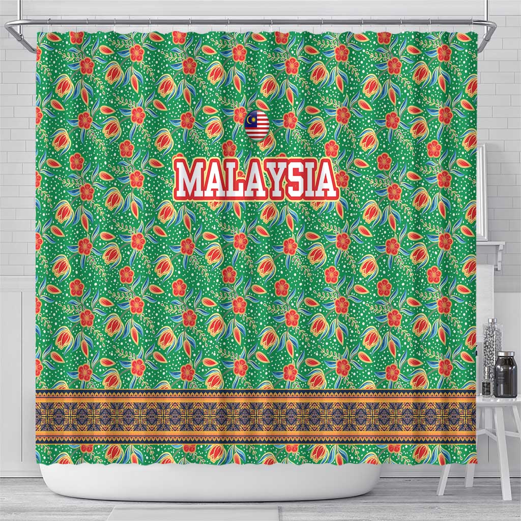 Traditional Malaysian Batik Floral Shower Curtain with Green Tulip and Red Blossom Pattern