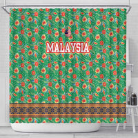 Traditional Malaysian Batik Floral Shower Curtain with Green Tulip and Red Blossom Pattern