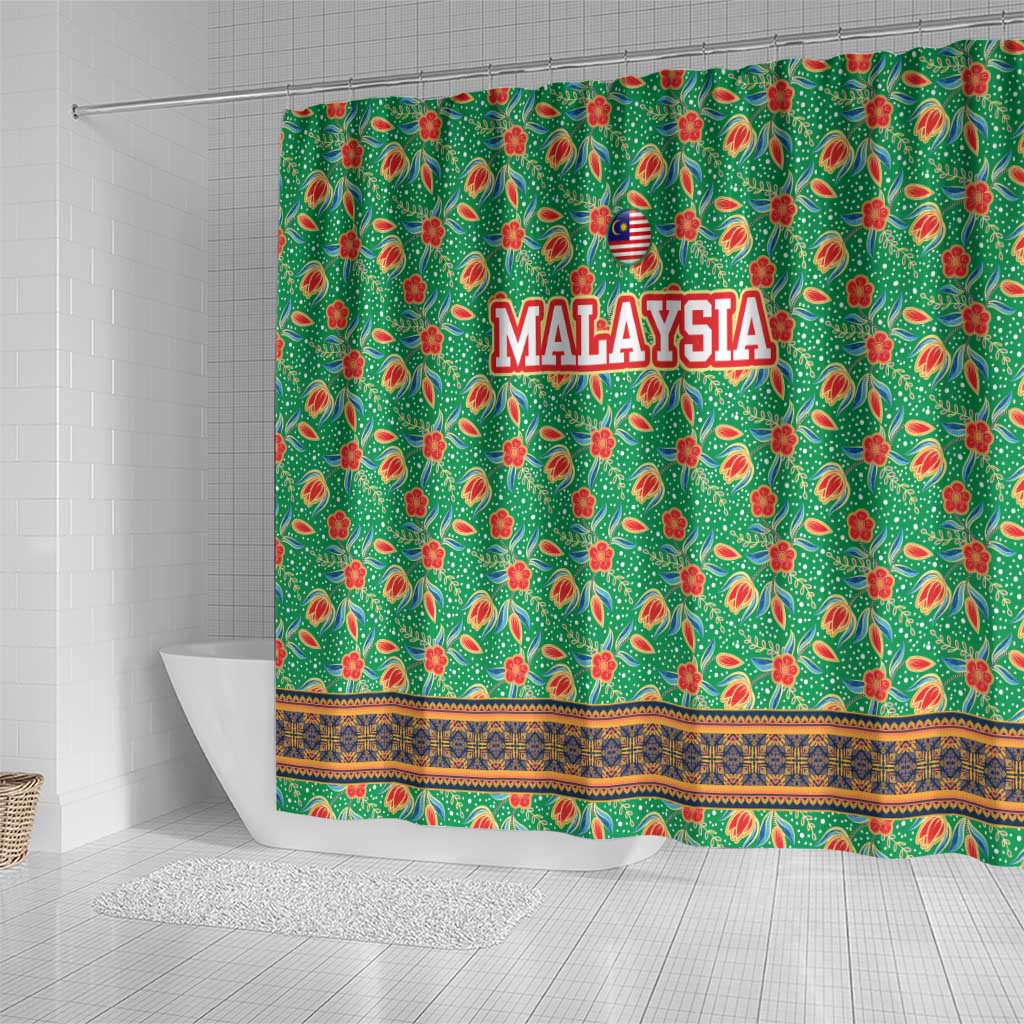 Traditional Malaysian Batik Floral Shower Curtain with Green Tulip and Red Blossom Pattern