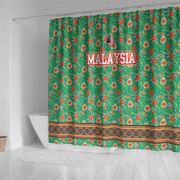 Traditional Malaysian Batik Floral Shower Curtain with Green Tulip and Red Blossom Pattern