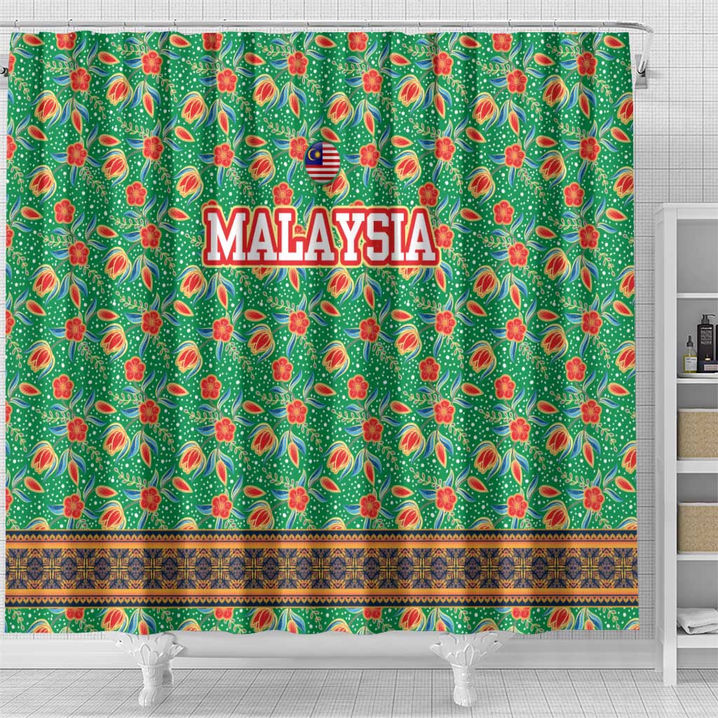 Traditional Malaysian Batik Floral Shower Curtain with Green Tulip and Red Blossom Pattern