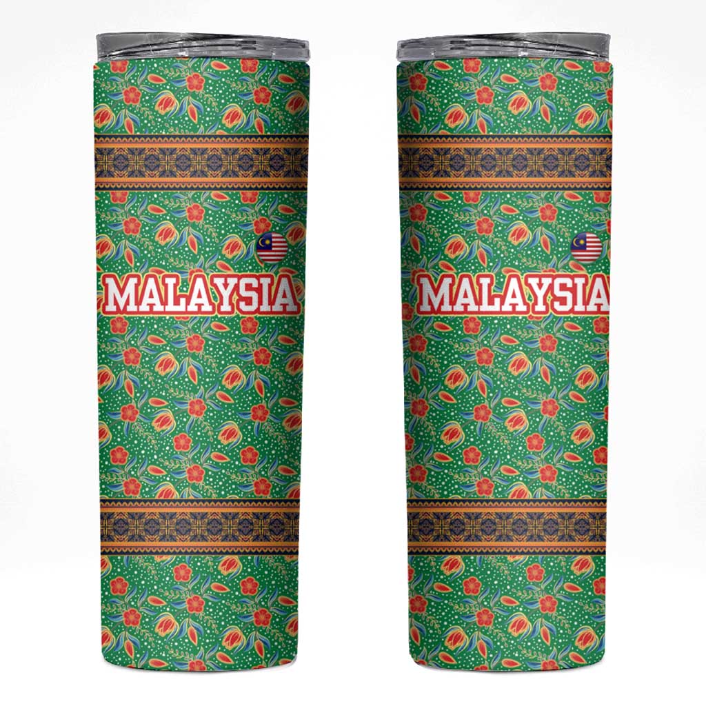 Traditional Malaysian Batik Floral Skinny Tumbler with Green Tulip and Red Blossom Pattern