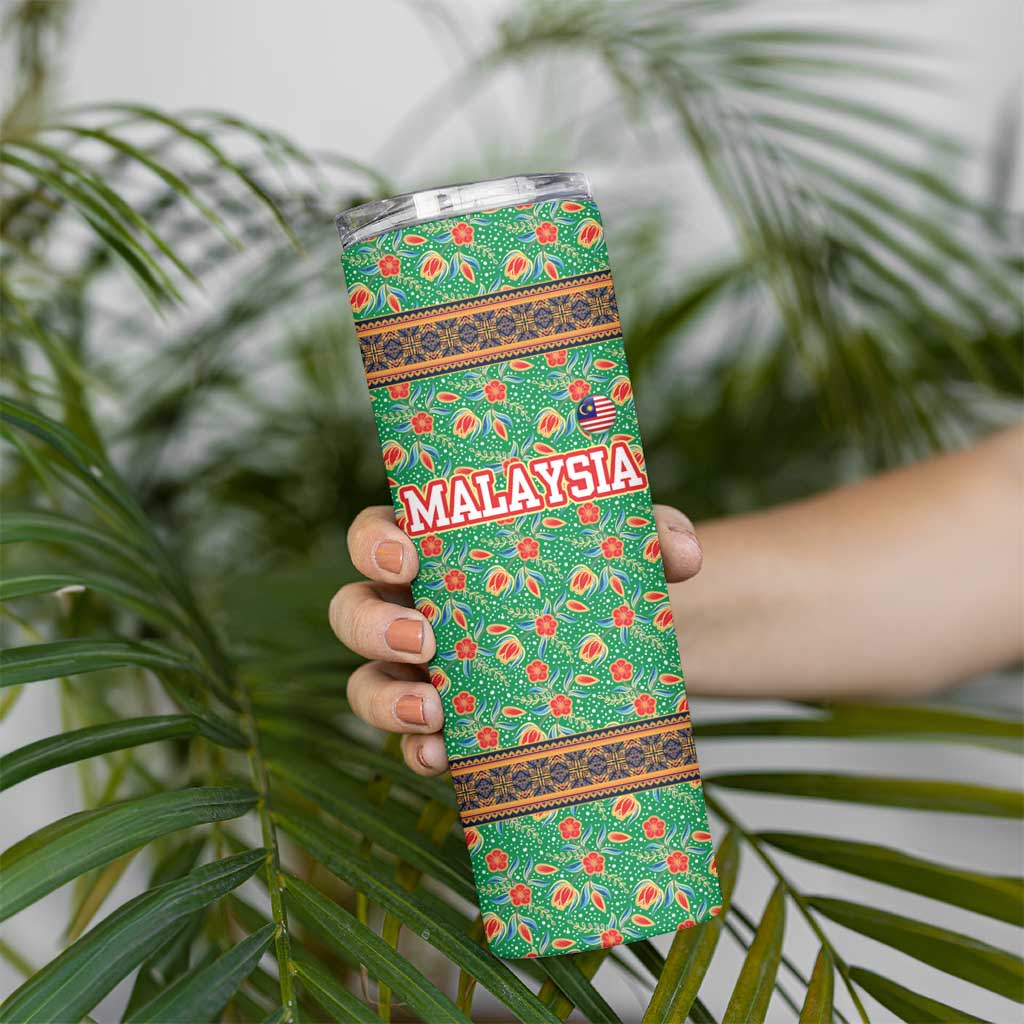 Traditional Malaysian Batik Floral Skinny Tumbler with Green Tulip and Red Blossom Pattern