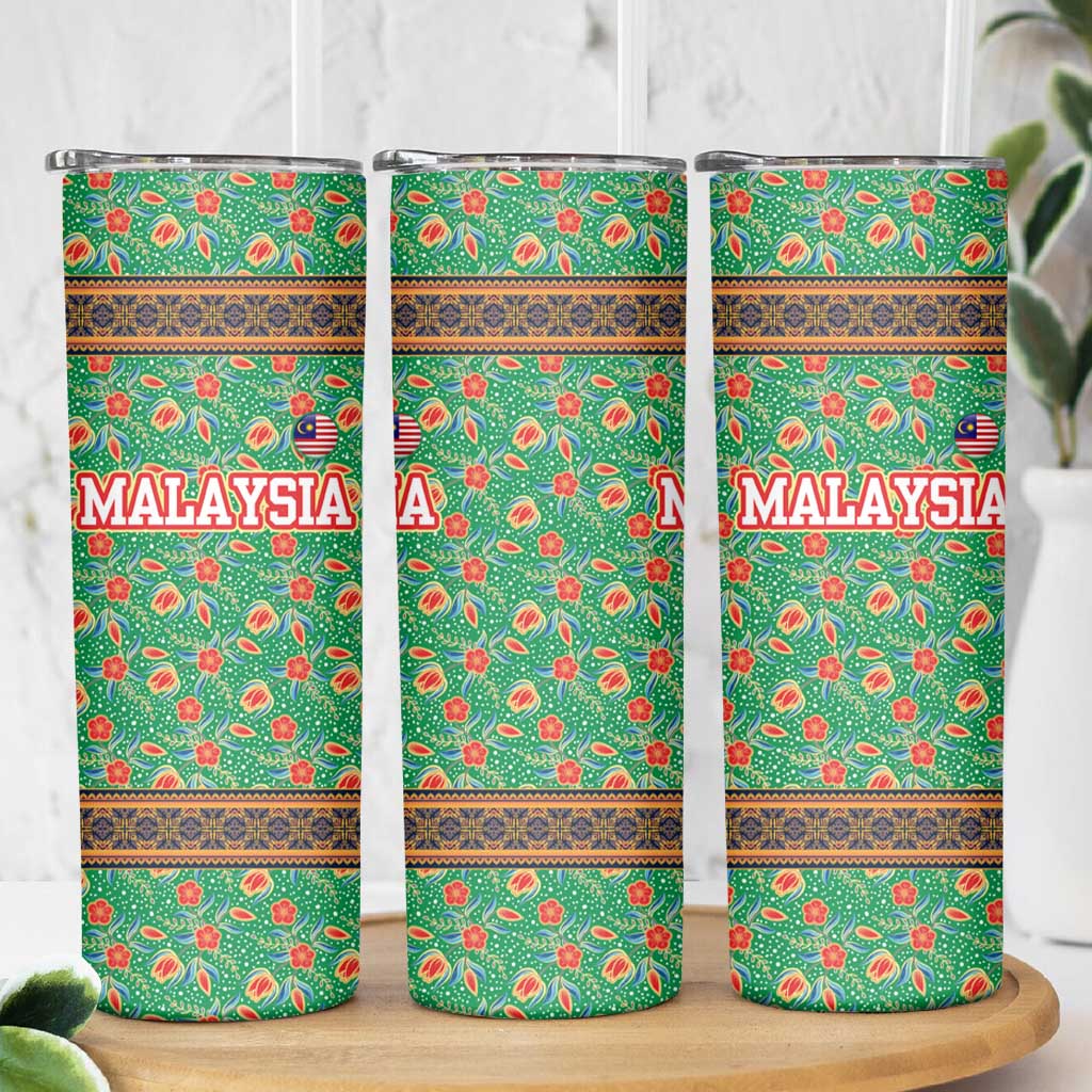 Traditional Malaysian Batik Floral Skinny Tumbler with Green Tulip and Red Blossom Pattern
