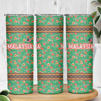 Traditional Malaysian Batik Floral Skinny Tumbler with Green Tulip and Red Blossom Pattern