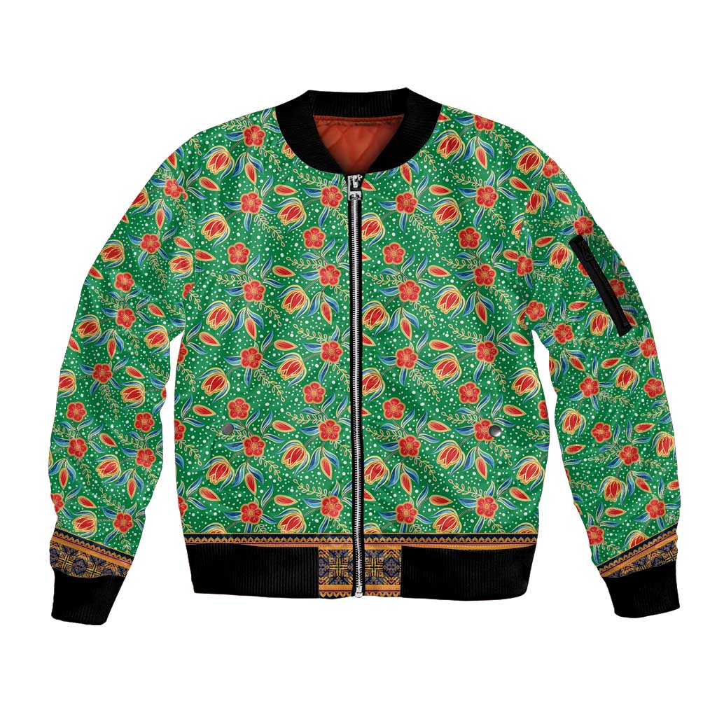 Traditional Malaysian Batik Floral Sleeve Zip Bomber Jacket with Green Tulip and Red Blossom Pattern