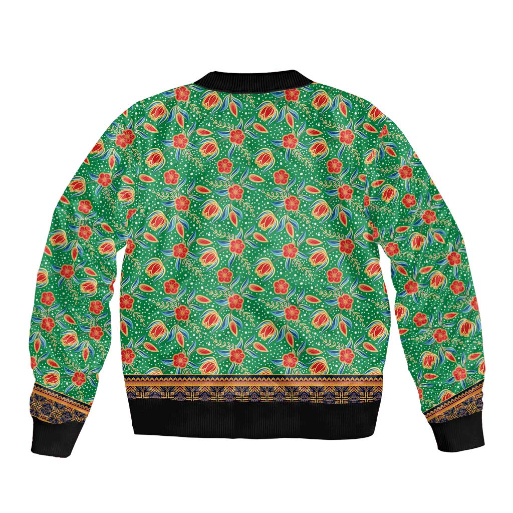 Traditional Malaysian Batik Floral Sleeve Zip Bomber Jacket with Green Tulip and Red Blossom Pattern