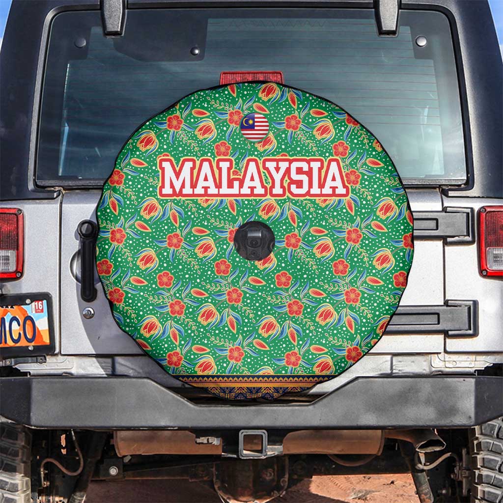 Traditional Malaysian Batik Floral Spare Tire Cover with Green Tulip and Red Blossom Pattern