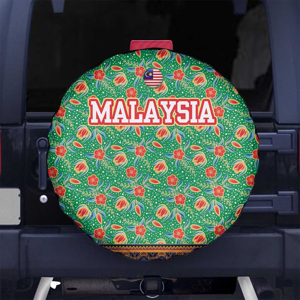 Traditional Malaysian Batik Floral Spare Tire Cover with Green Tulip and Red Blossom Pattern
