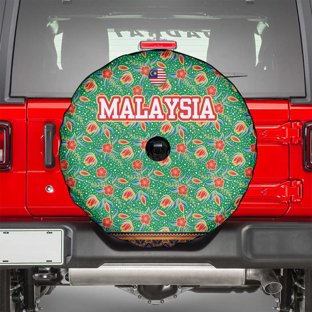 Traditional Malaysian Batik Floral Spare Tire Cover with Green Tulip and Red Blossom Pattern