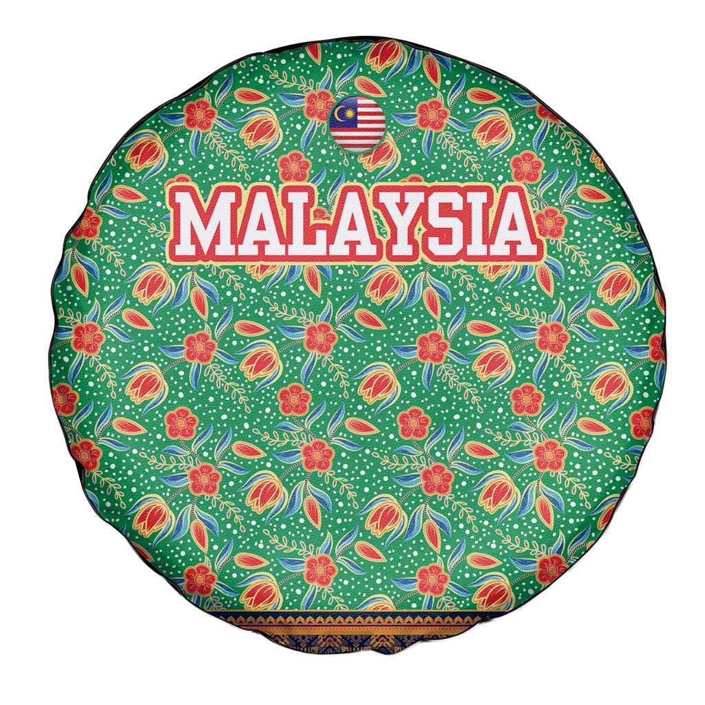 Traditional Malaysian Batik Floral Spare Tire Cover with Green Tulip and Red Blossom Pattern