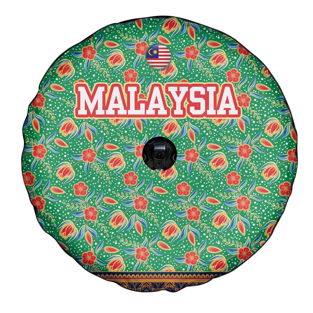 Traditional Malaysian Batik Floral Spare Tire Cover with Green Tulip and Red Blossom Pattern