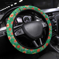 Traditional Malaysian Batik Floral Steering Wheel Cover with Green Tulip and Red Blossom Pattern