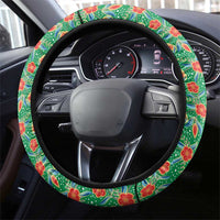 Traditional Malaysian Batik Floral Steering Wheel Cover with Green Tulip and Red Blossom Pattern