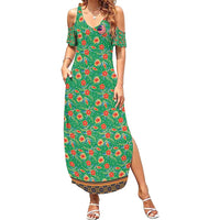 Traditional Malaysian Batik Floral Summer Maxi Dress with Green Tulip and Red Blossom Pattern
