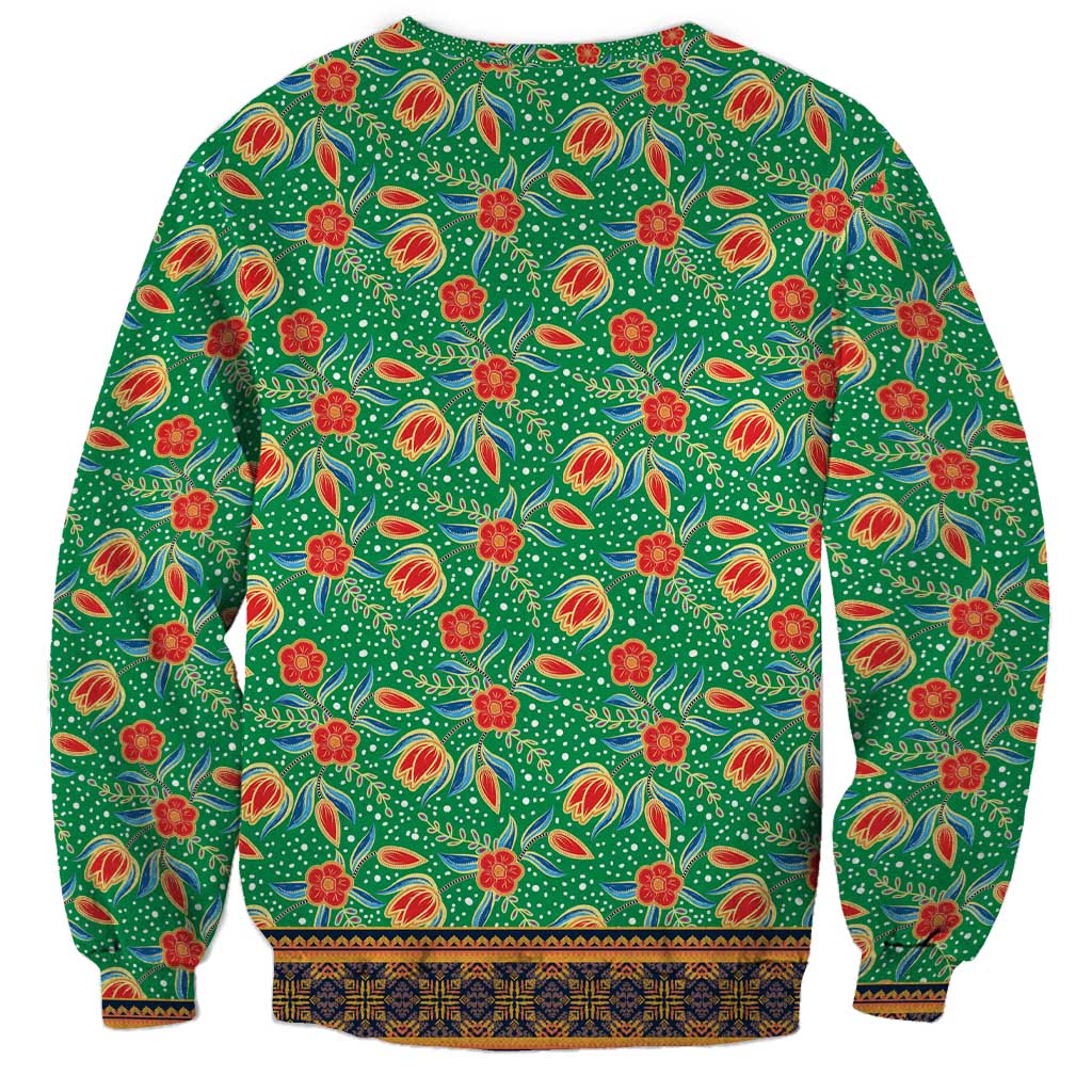 Traditional Malaysian Batik Floral Sweatshirt with Green Tulip and Red Blossom Pattern