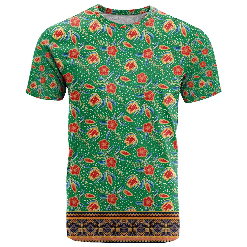 Traditional Malaysian Batik Floral T Shirt with Green Tulip and Red Blossom Pattern