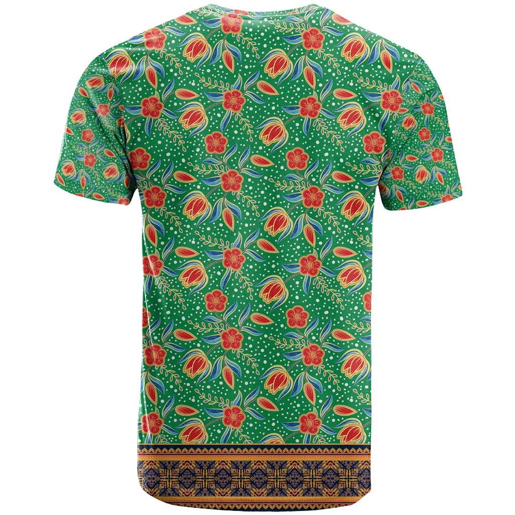 Traditional Malaysian Batik Floral T Shirt with Green Tulip and Red Blossom Pattern