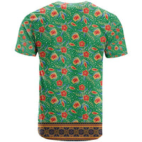Traditional Malaysian Batik Floral T Shirt with Green Tulip and Red Blossom Pattern