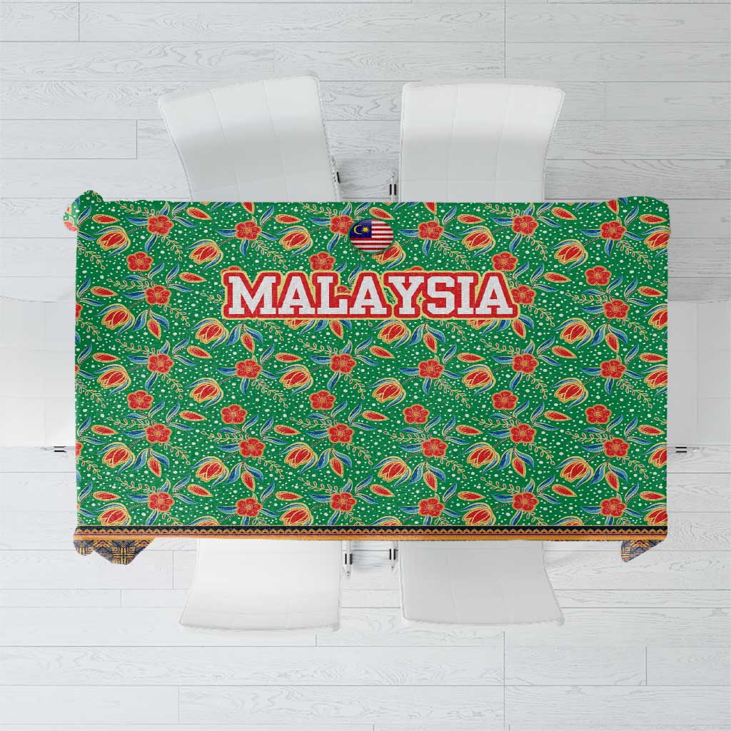 Traditional Malaysian Batik Floral Tablecloth with Green Tulip and Red Blossom Pattern