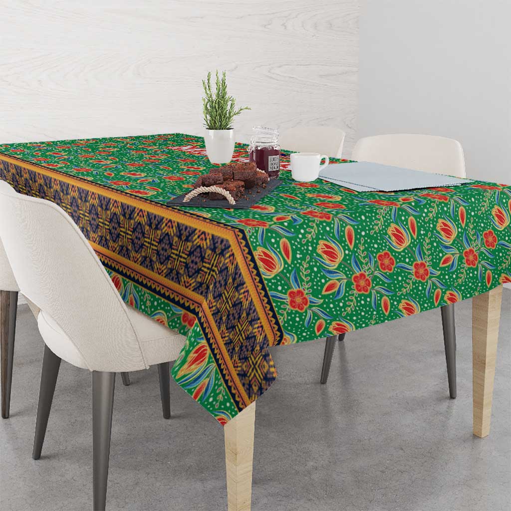 Traditional Malaysian Batik Floral Tablecloth with Green Tulip and Red Blossom Pattern