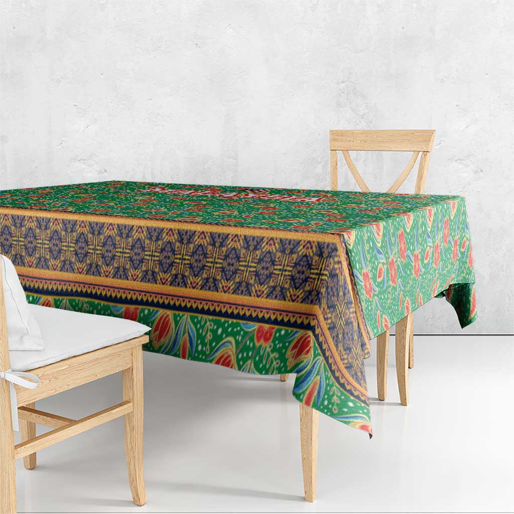 Traditional Malaysian Batik Floral Tablecloth with Green Tulip and Red Blossom Pattern