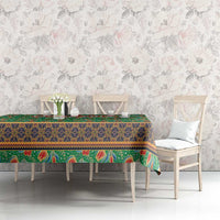 Traditional Malaysian Batik Floral Tablecloth with Green Tulip and Red Blossom Pattern