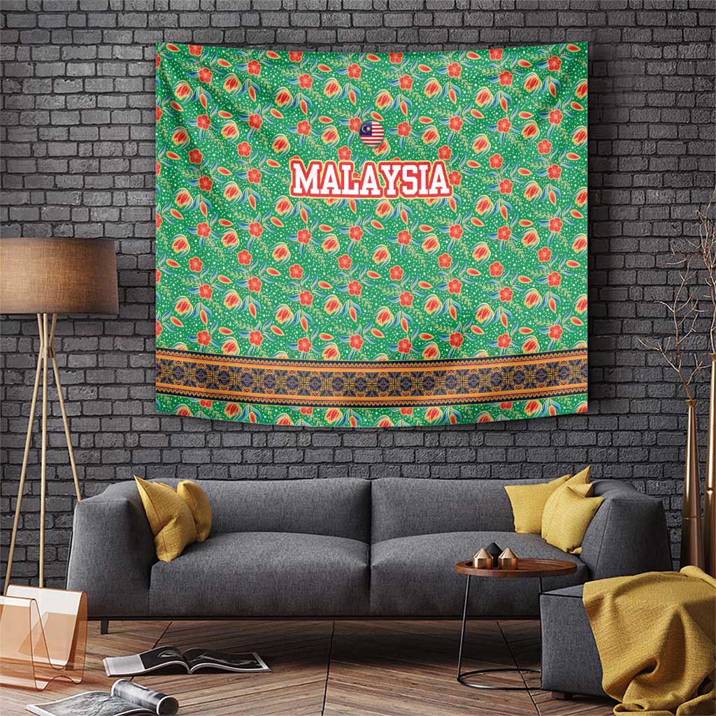 Traditional Malaysian Batik Floral Tapestry with Green Tulip and Red Blossom Pattern