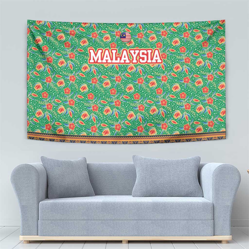 Traditional Malaysian Batik Floral Tapestry with Green Tulip and Red Blossom Pattern